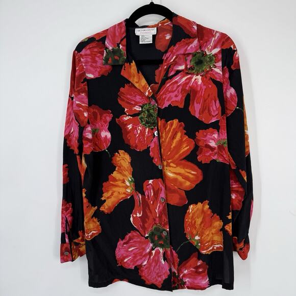 Victor Costa Silk Button Up Shirt Women size Medium Big Flower Print Long Slv - Picture 9 of 9